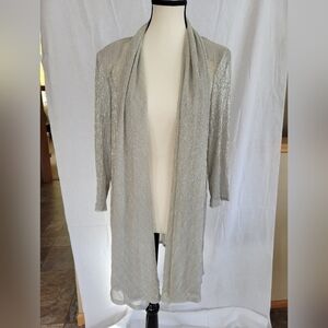 R&M Richards silver shimmer sheer cropped sleeve shoulder pad cardigan duster 16